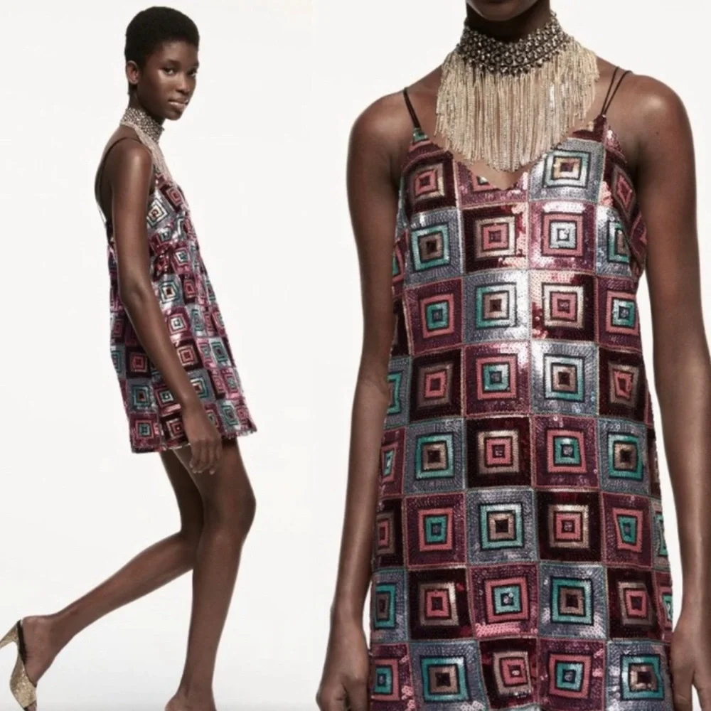 NWT: Festive Sequin Geometric Pattern Strappy DRESS🔹🔻
